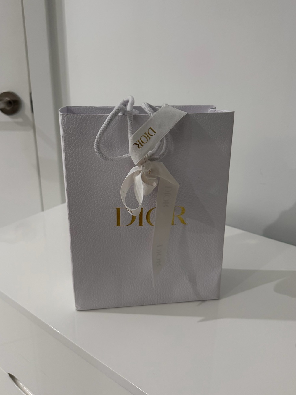 Dior White Shopping Bag with Gold Logo and Ribbon